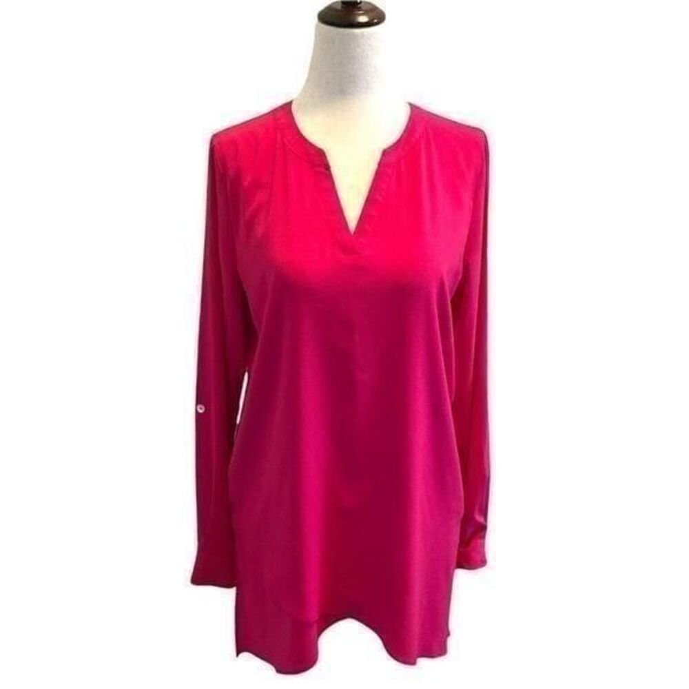 Susan Graver Size 2 Womens Pink V Neck Button Tab Sleeve Tunic Blouse Button